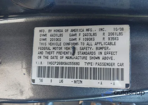 2009 Honda Accord 2.4 Ex-L from USA, damaged, VIN 1HGCP268X9A055680